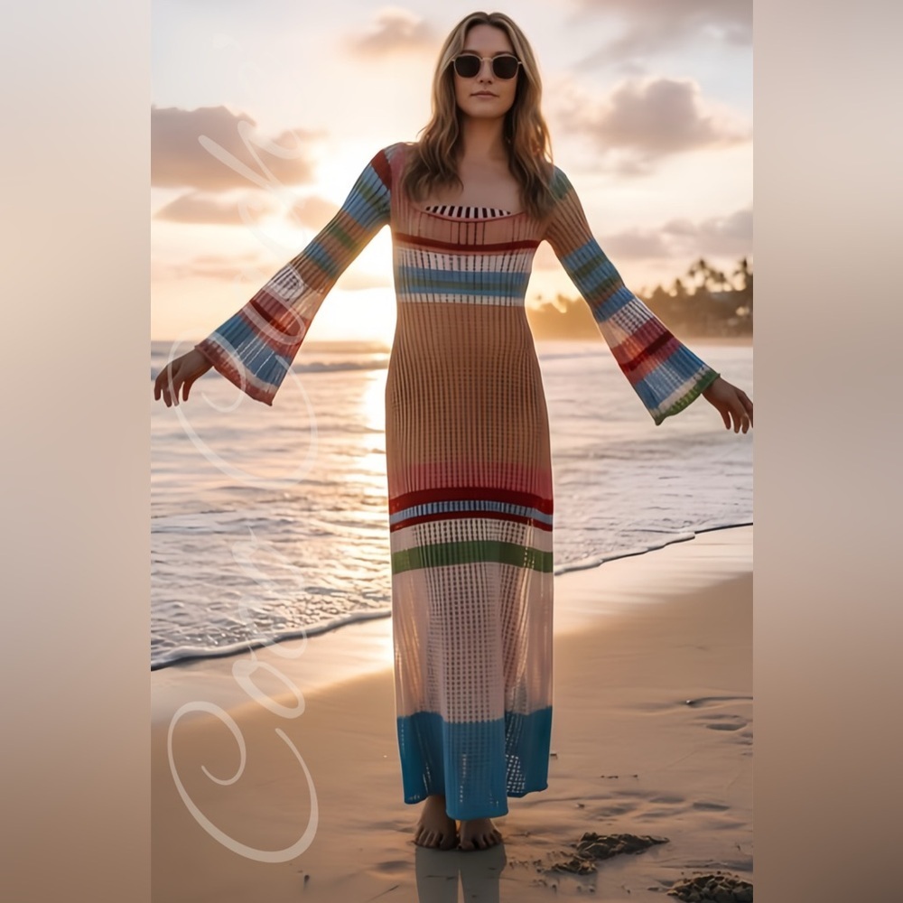 Casual Bohemian Crochet Long Sleeves Color Block Swimsuit Coverup Midi Dress - Picture 1 of 7
